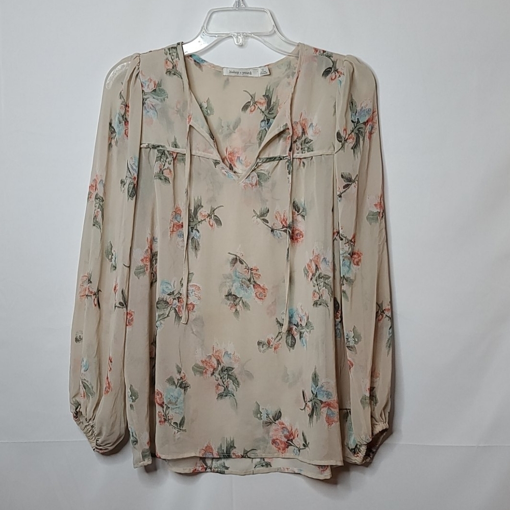 Bishop + Young sheer floral vneck blouse top sz XS